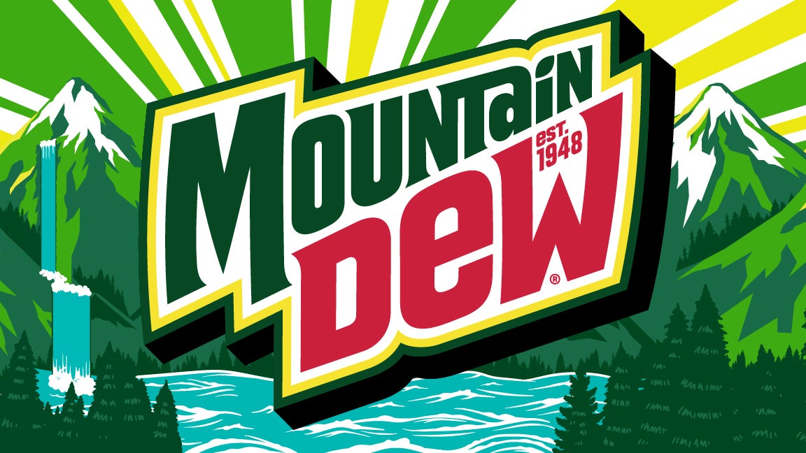 green and red Mountain Dew logo with text in front of mountains and water